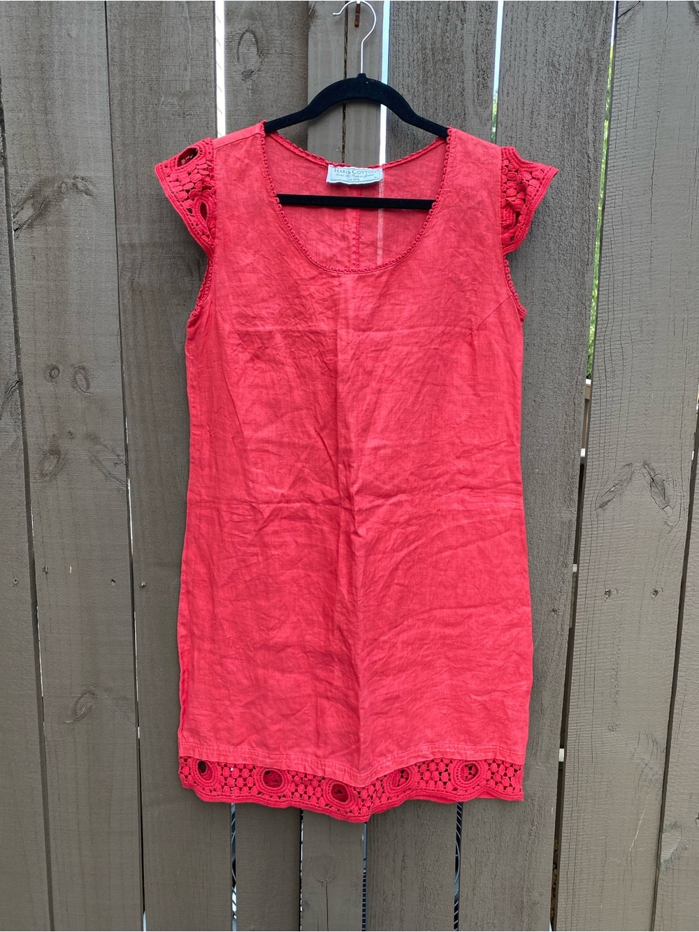 Haris Cotton 100% Linen Made in Greece Coral Shift Dress with Crochet Trim Med